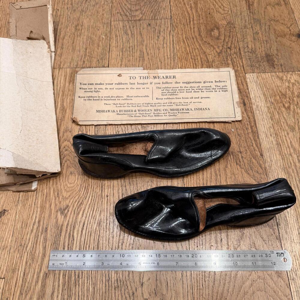 WEARABLE Antique Black Rubber Shoes Galoshes w/ Original Packaging! Rare! (Sz 8)